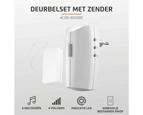 KLIKAANKLIKUIT® Plug-in Draadloze Deurbelset Met Zender ACDB-8000BC Wit 3 KLIKAANKLIKUIT® Plug-in Draadloze Deurbelset Met Zender ACDB-8000BC Wit - Afbeelding 3