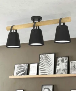 EGLO Plafondlamp Boyle 3-lichts Zwart-hout-leder