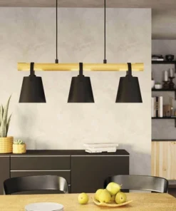 EGLO Hanglamp Boyle 3-lichts Zwart-hout-leder