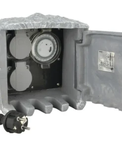 Tuinstopcontact Vierkant Steenlook 2-voudig Met Tijdschakelaar, Grijs